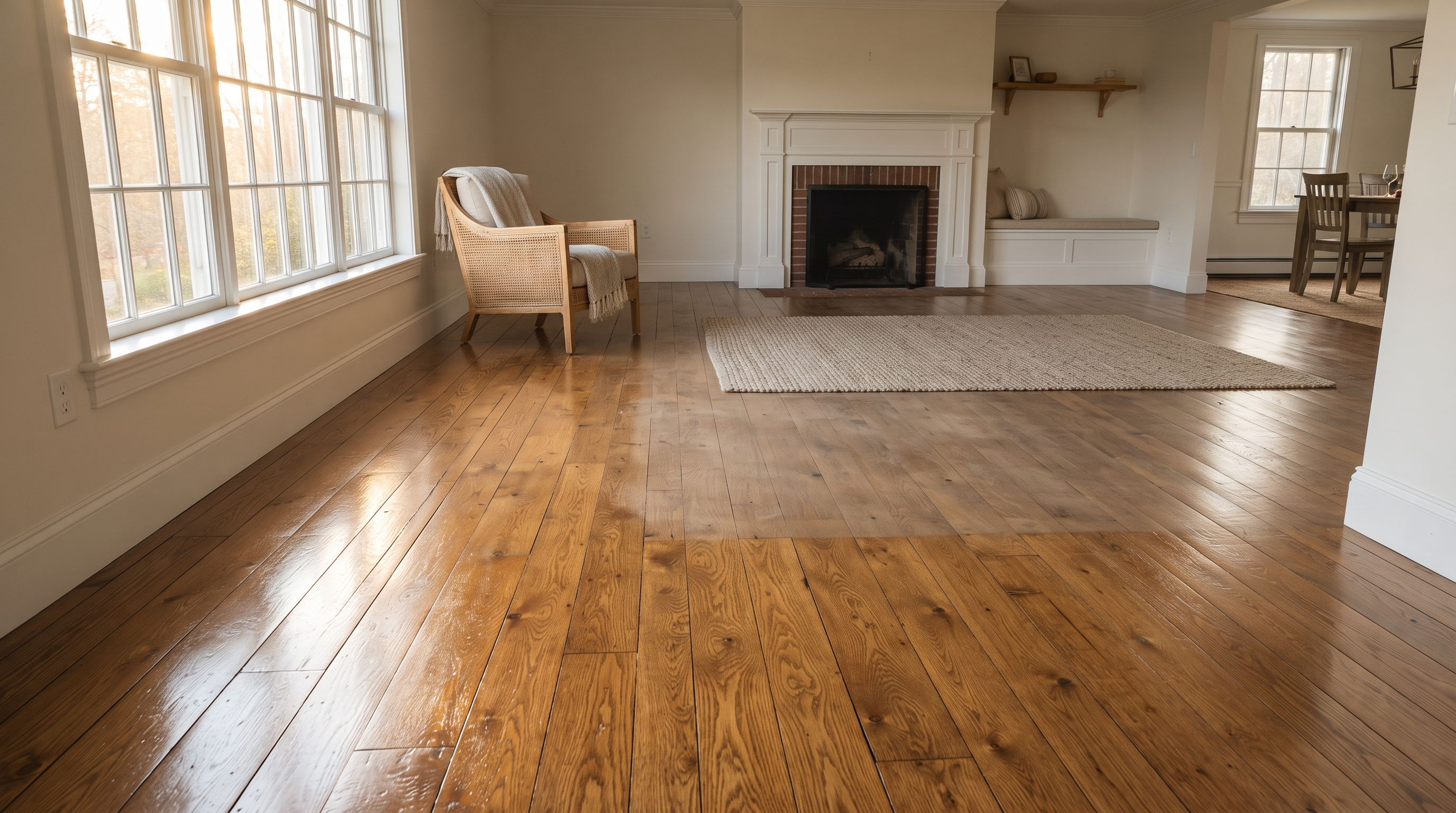 hardwood floor with half of the floor shiny and half the floor neglected and grey