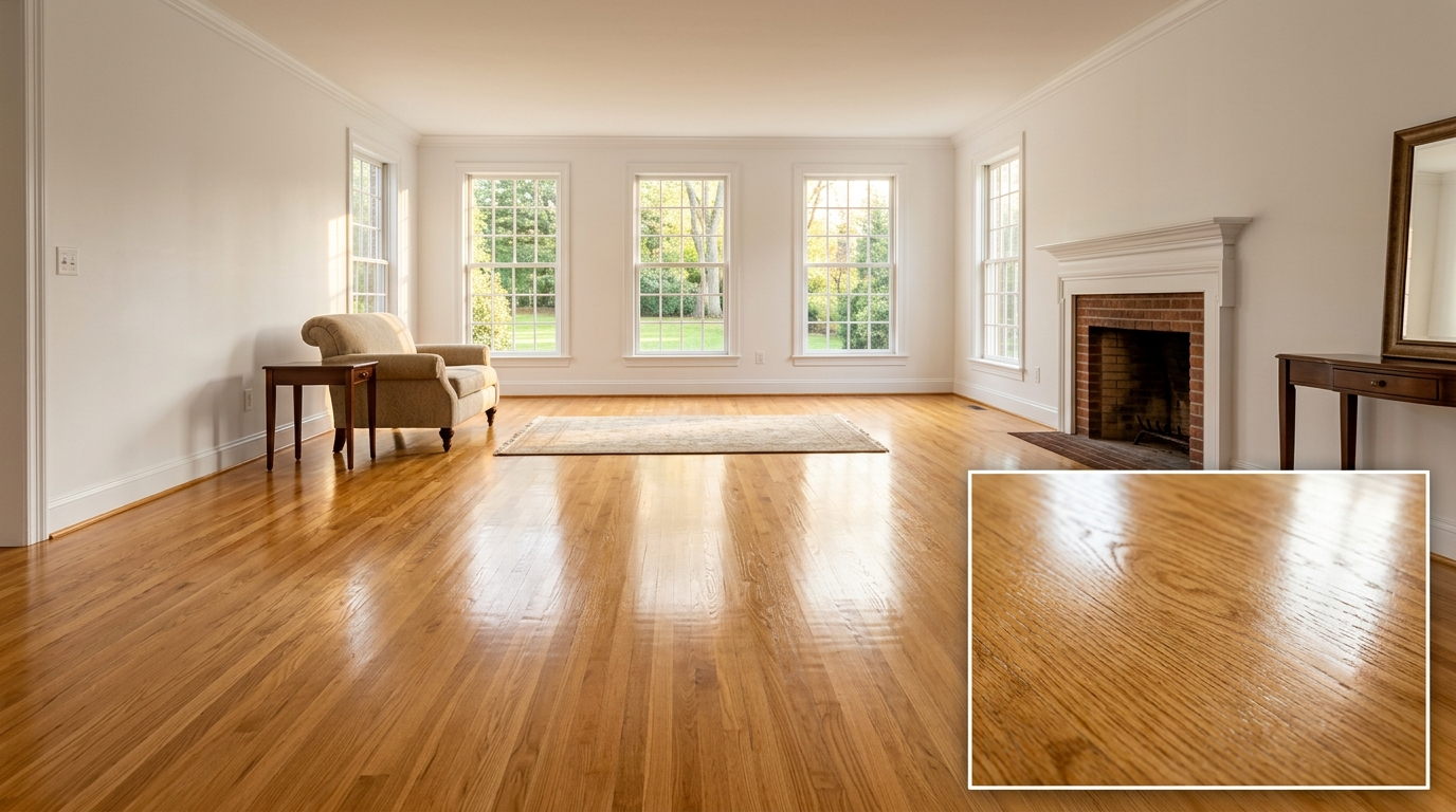 inside of a freshly installed hardwood floor living room with a small close up image in the bottom