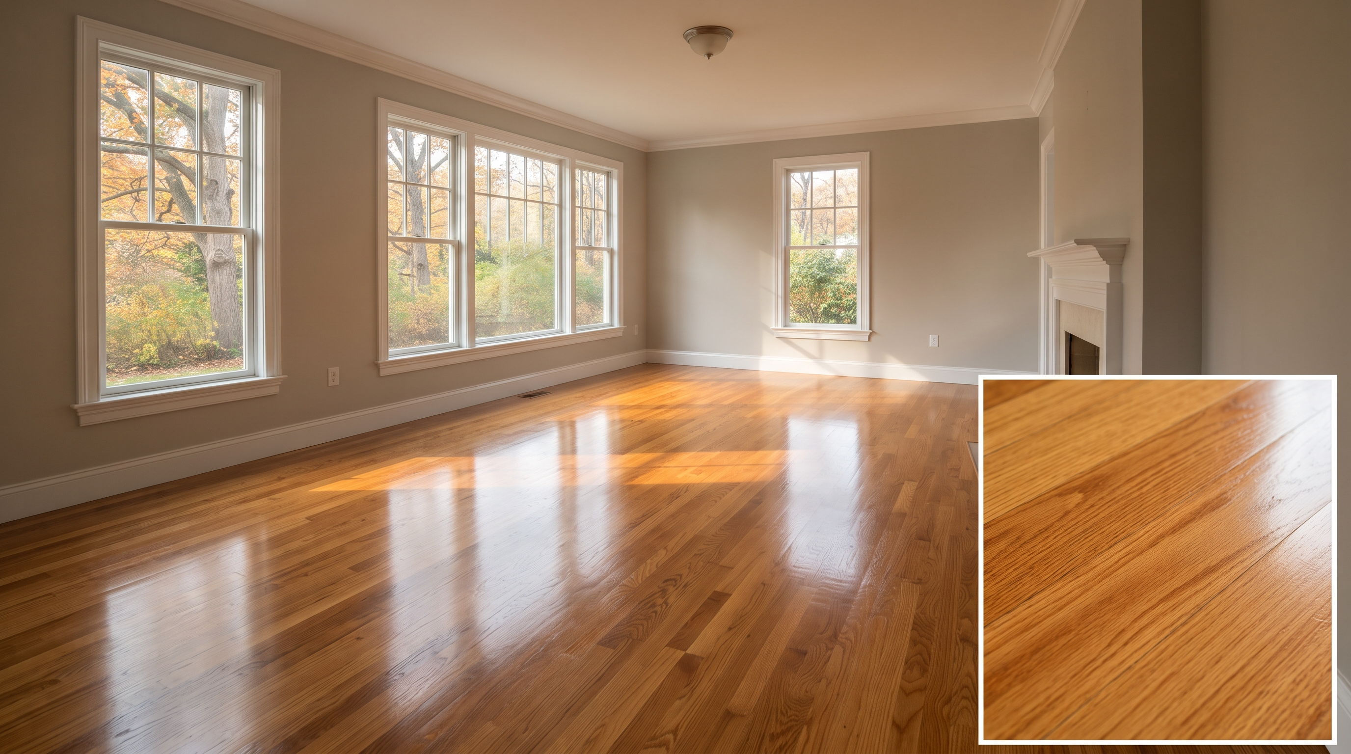 freshly refinished hardwood floor in a living room with fireplace