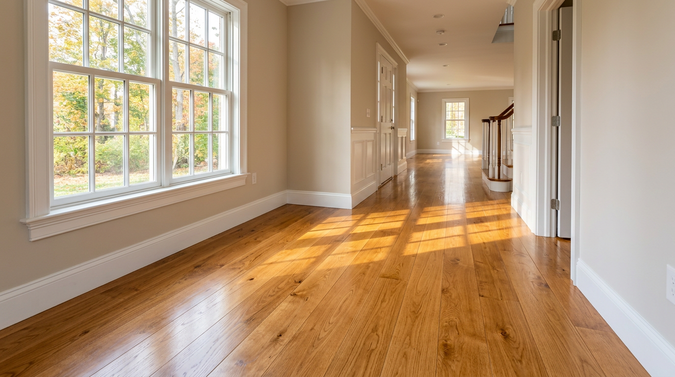 fresh hardwood flooring in a eggshell white room