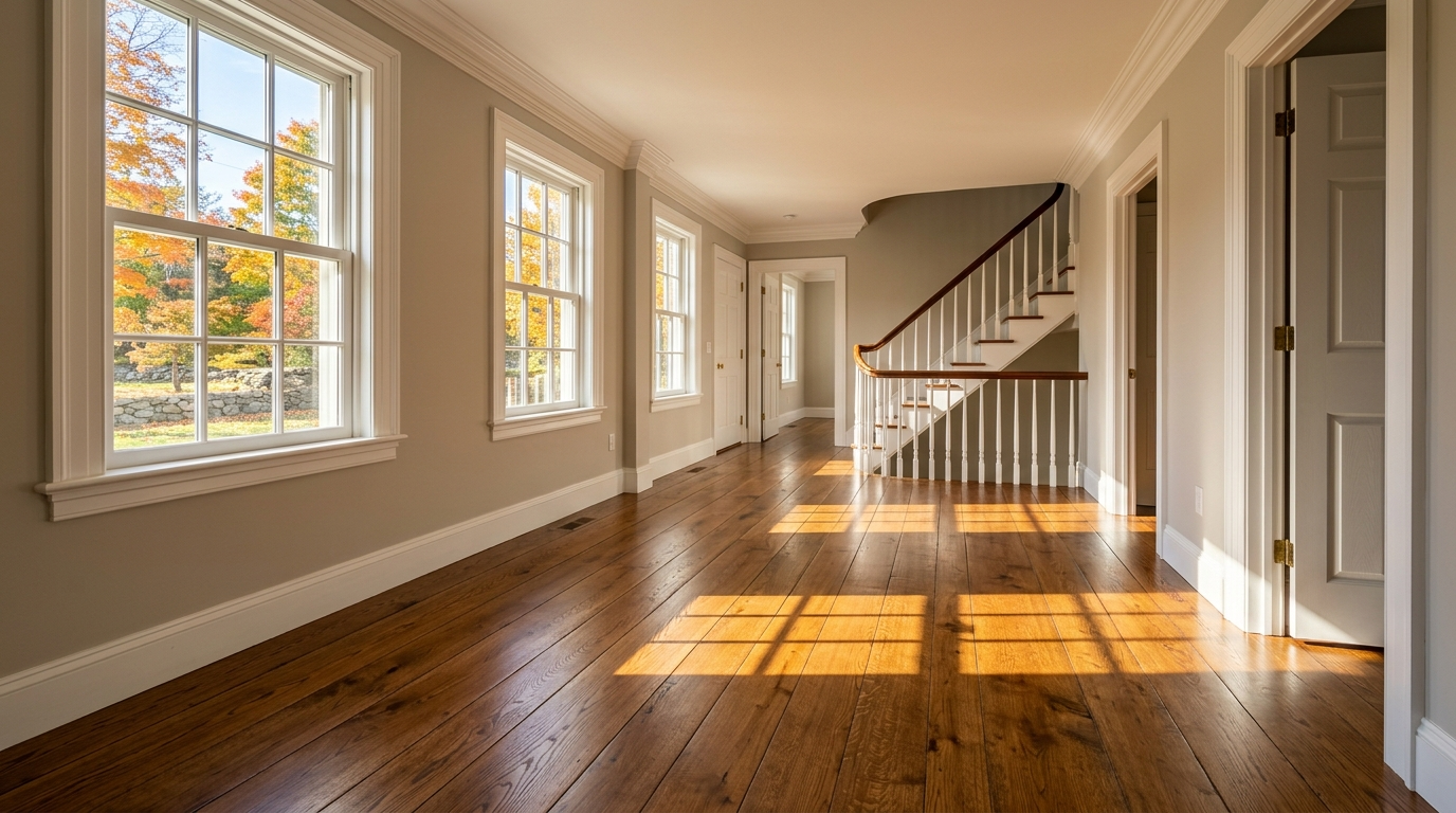 living room of a freshly done hardwood floor with white walls and a spiral staircase