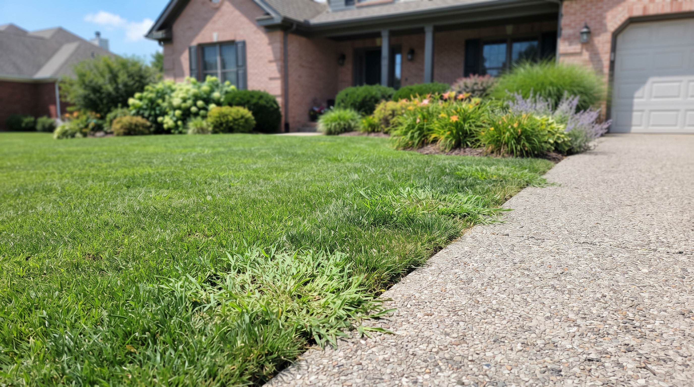 front yard with driveway and crabgrass covering lawn