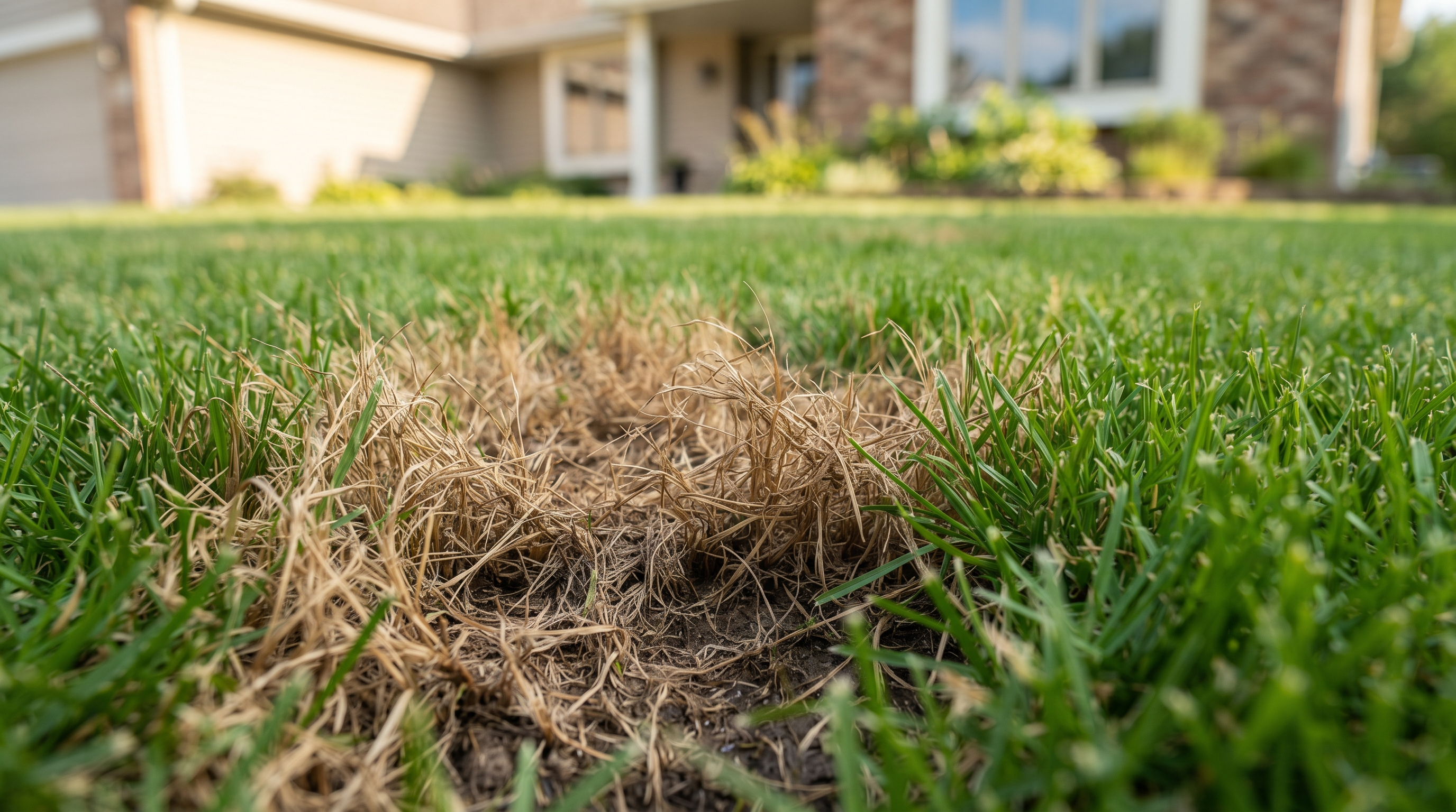 dry grub damaged lawn in the front of a nice brick home 