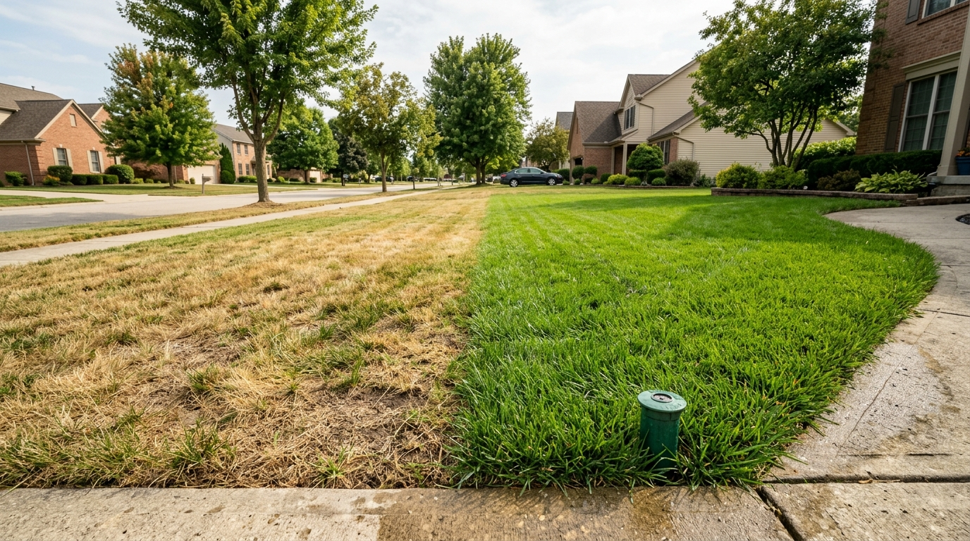 half dead compacted lawn next to a residential neighborhood road