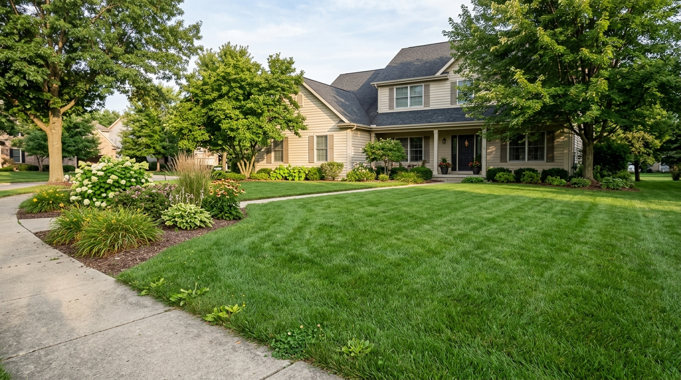 front yard with sidewalk and driveway and fresh cut grass with broadleaf on the edge next to the sid