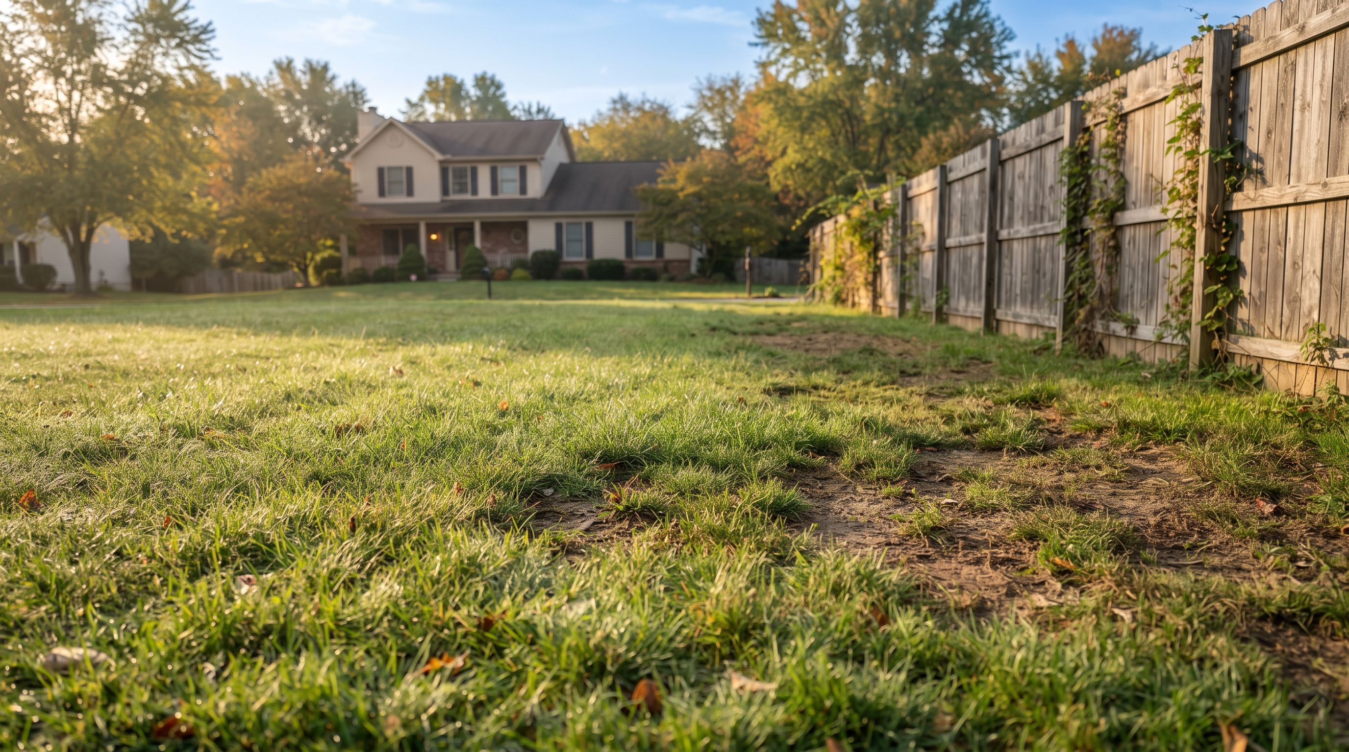 backyard in ny with brick house in background and patchy grass