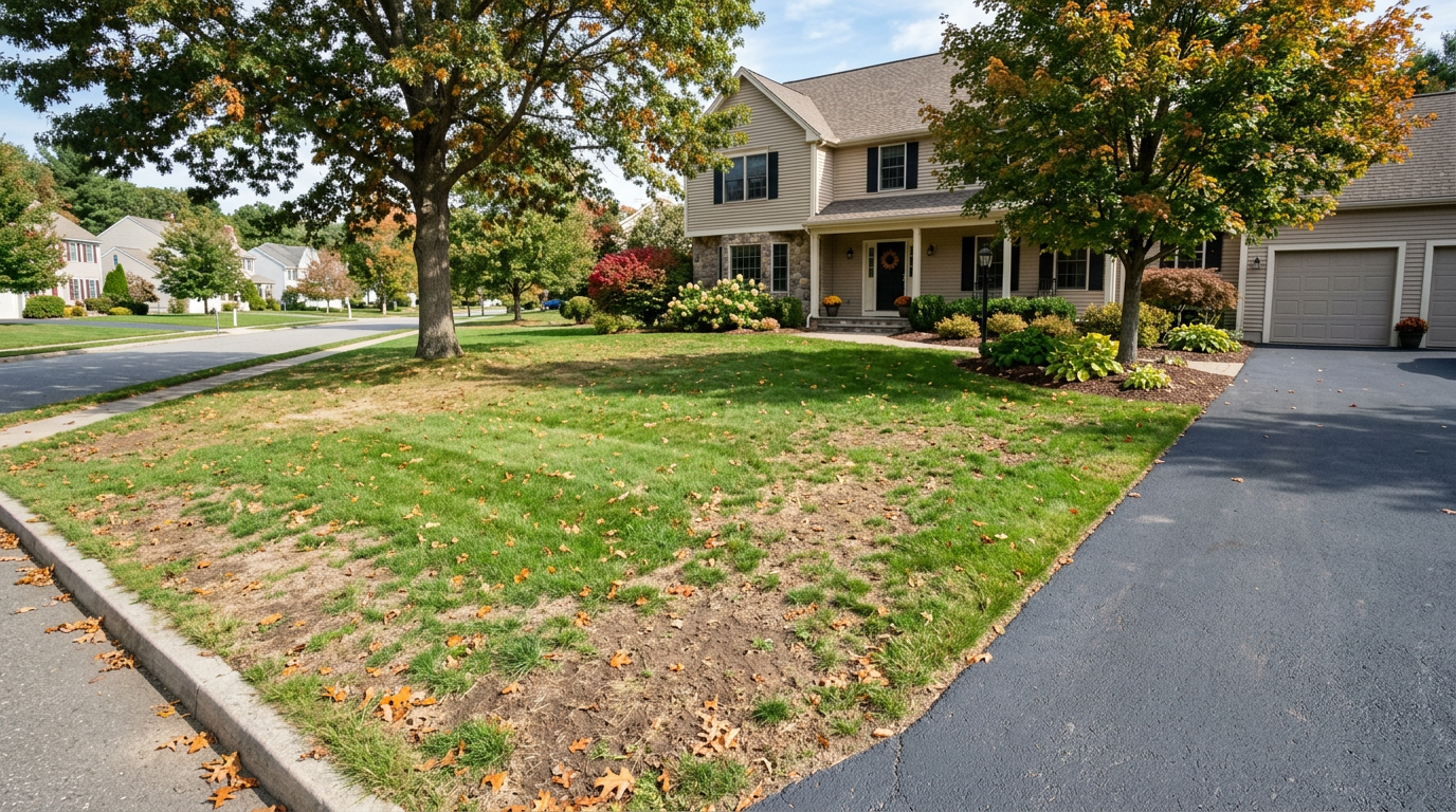 patchy front yard in NY with driveway on both sides