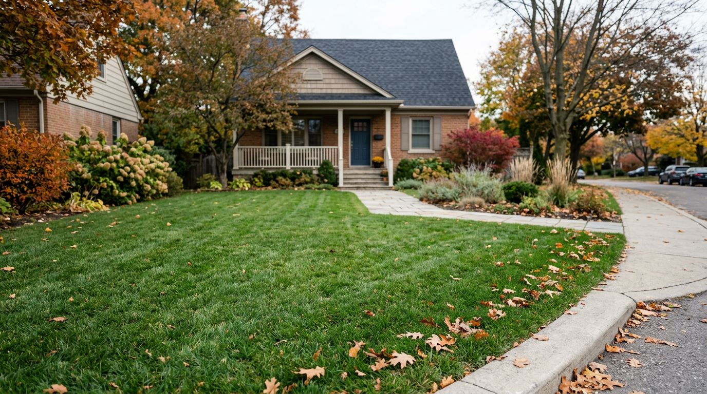 front yard of a brick home in New York on a cloudy fall day