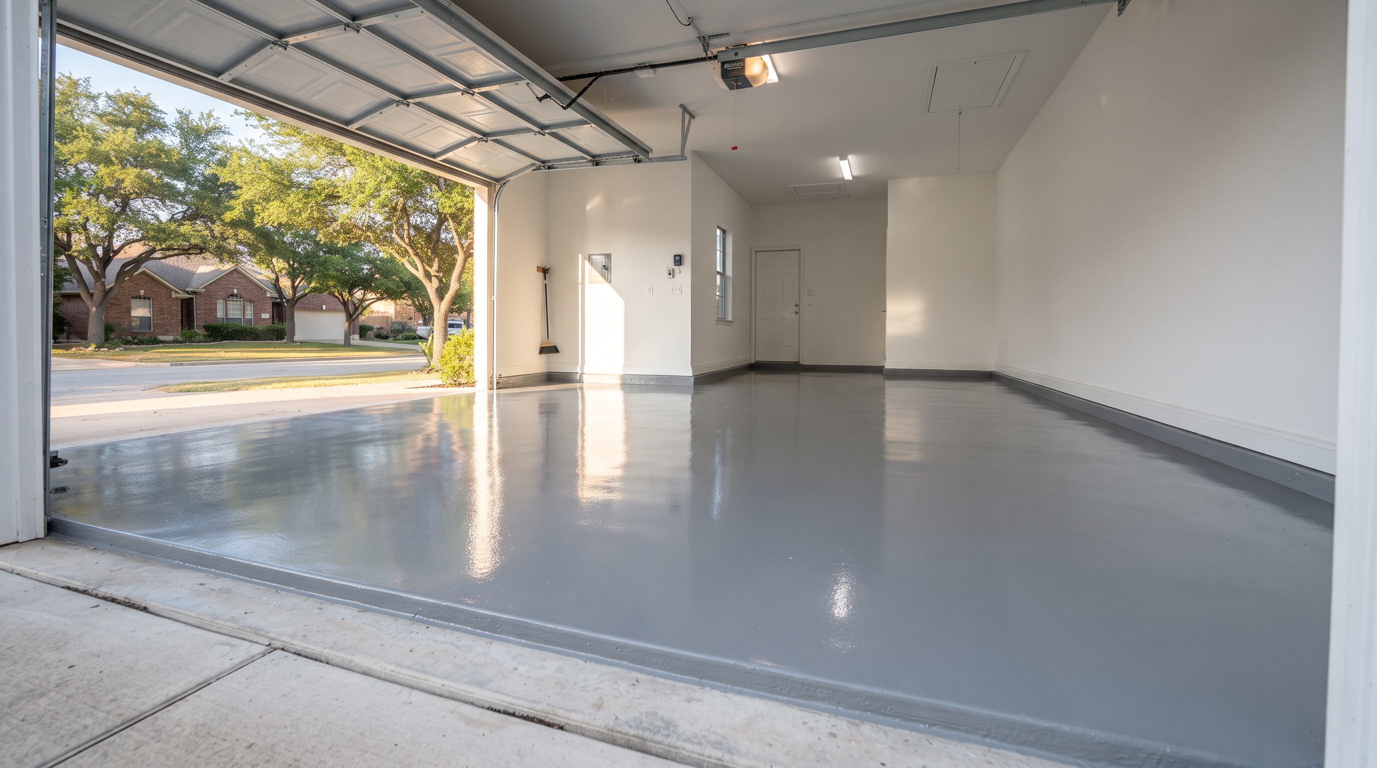 Garage floor freshly sealed and coated with solid color epoxy and flake
