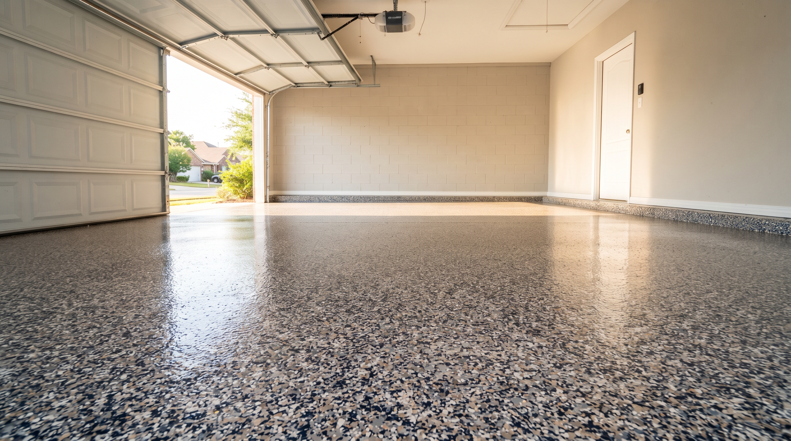 flake epoxy flooring in a nice white garage