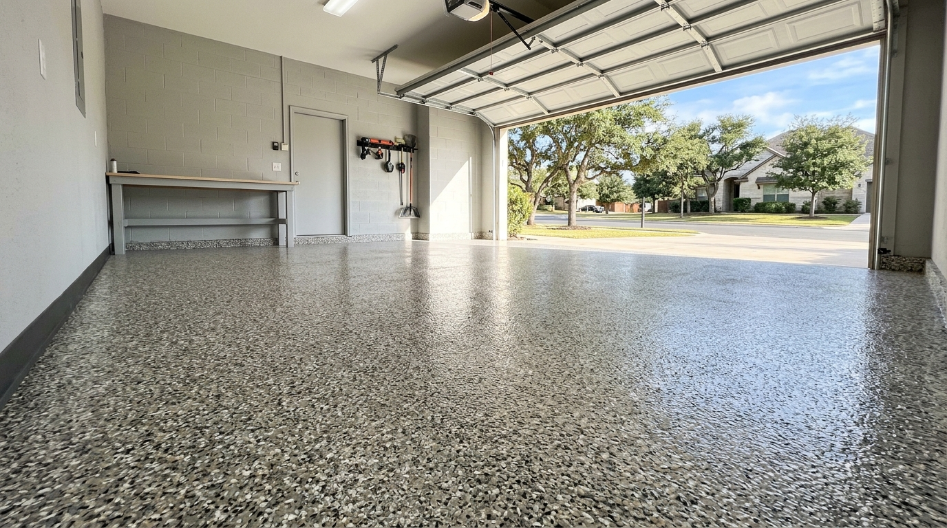 freshly coated garage floor with flake epoxy in Texas