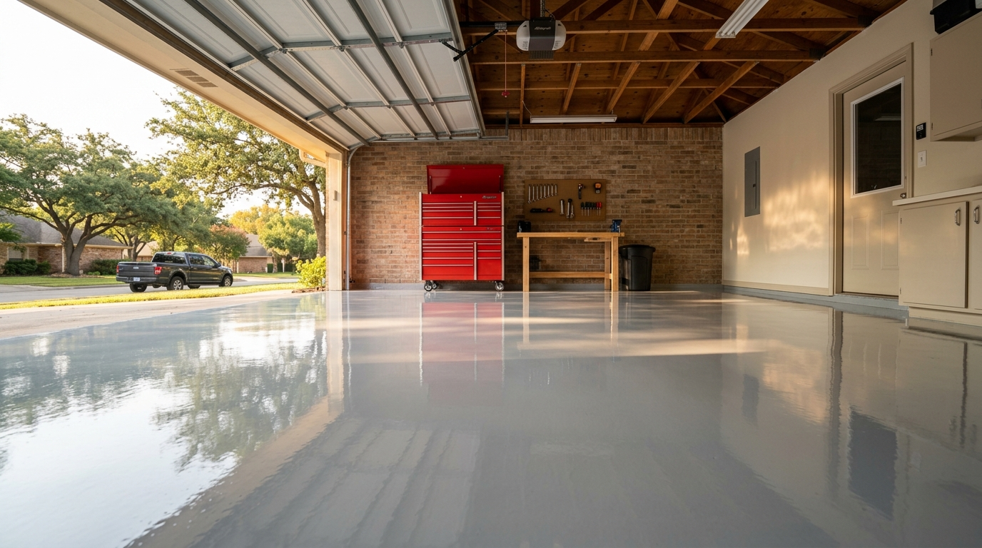 grey solid epoxy floor in garage 