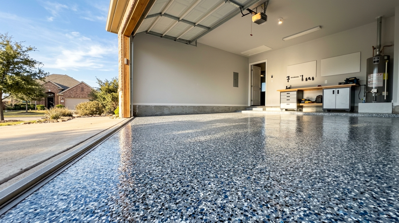 flake epoxy floor in open garage 