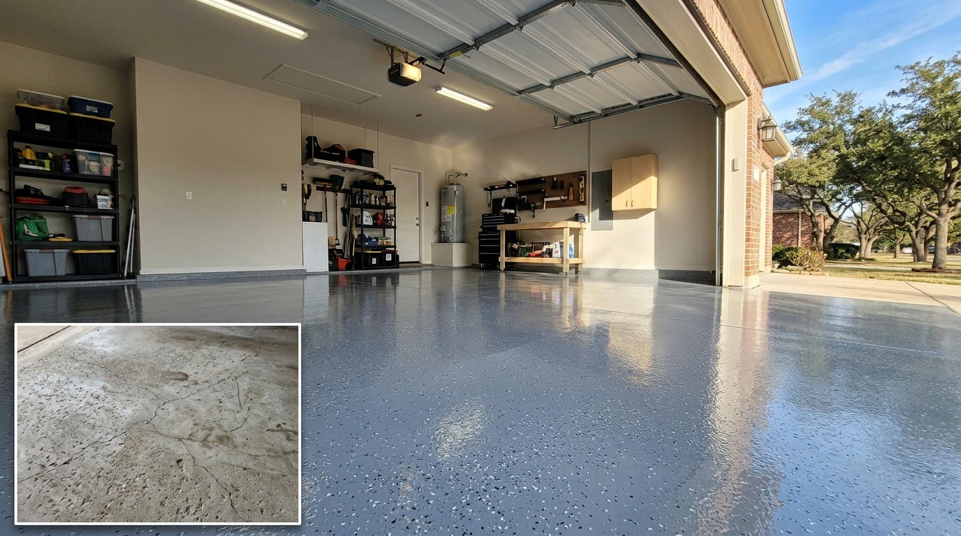 garage low angle photo with flake epoxy flooring and a small image box on the bottom left