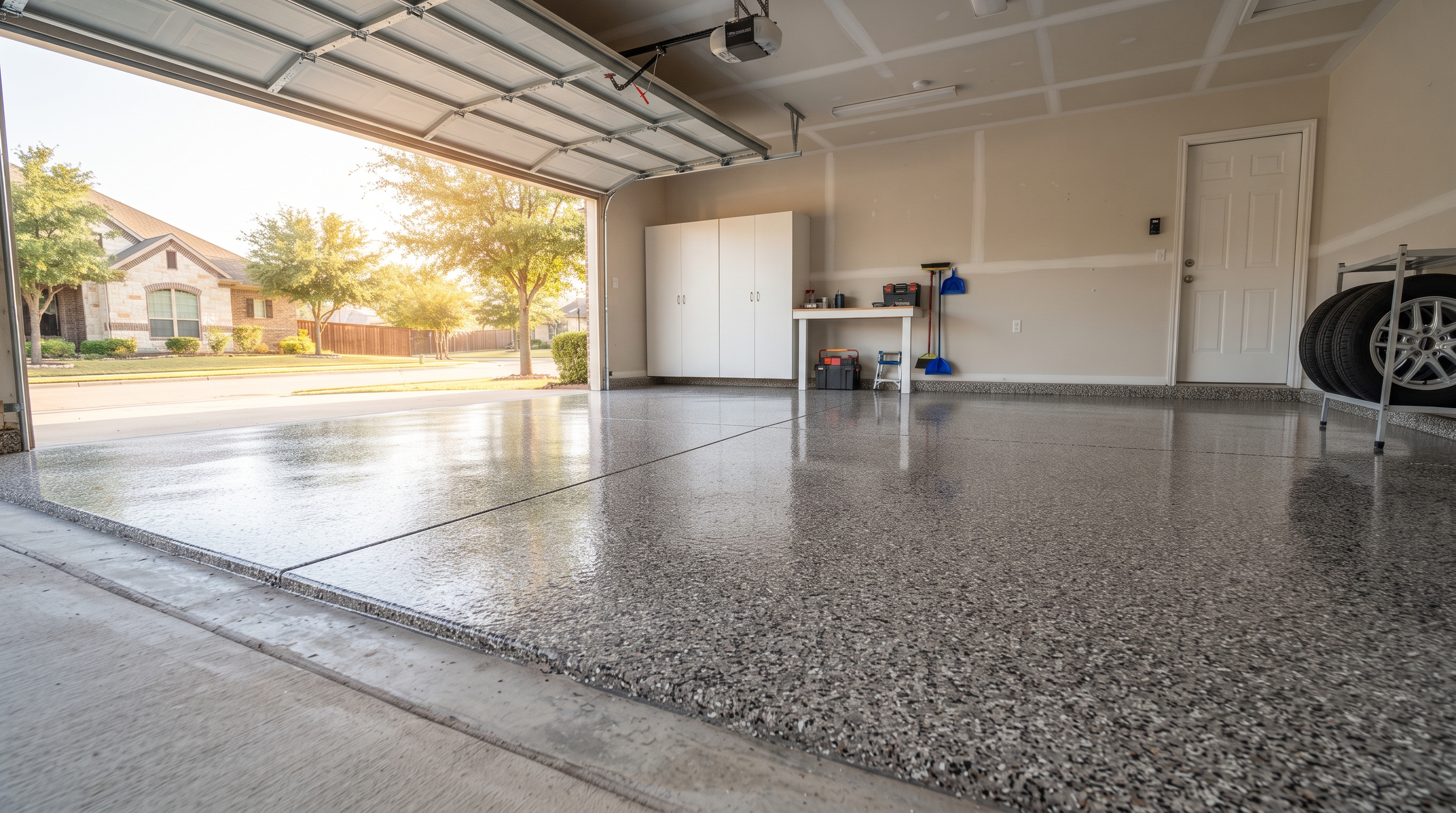 flake epoxy floor garage in texas with the garage door open