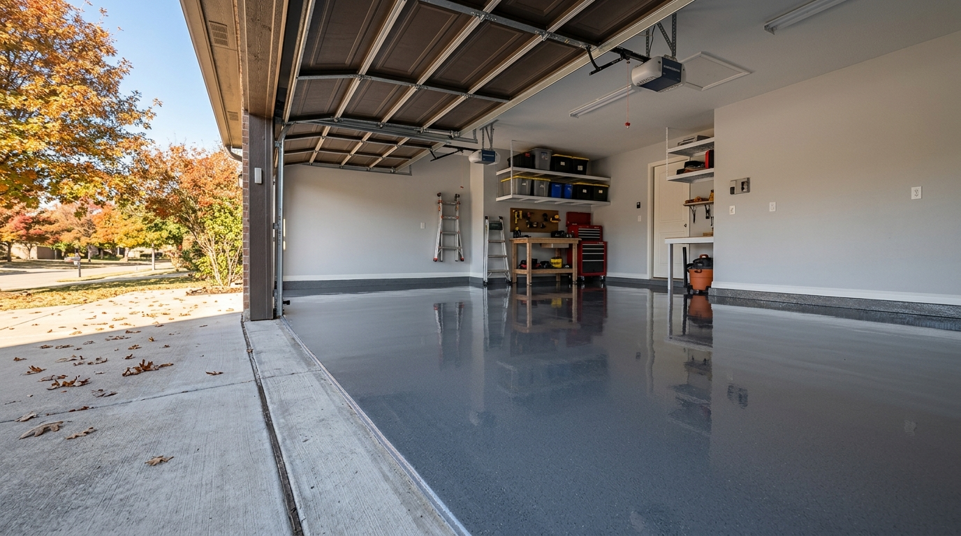 shiny fresh clear coat on a flake epoxy floor in a texas garage 