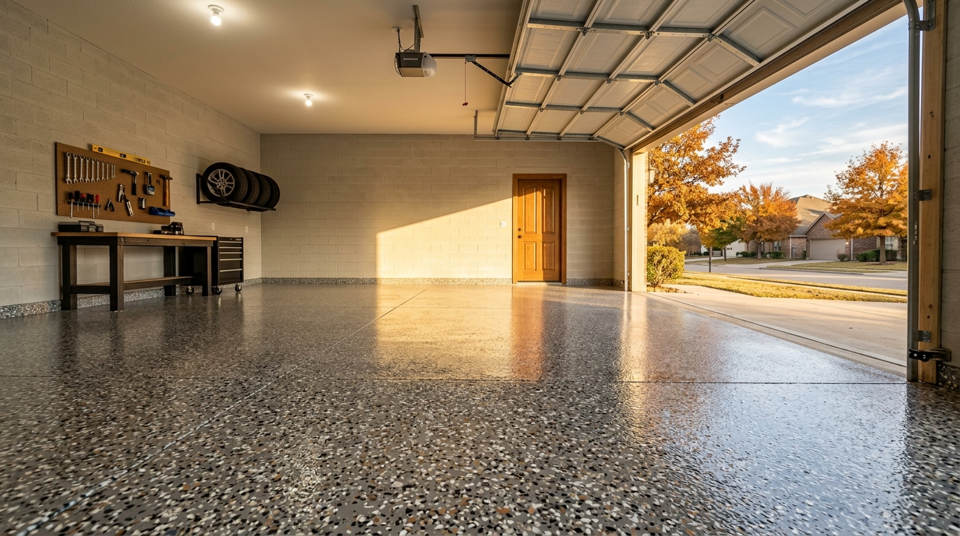 Fresh flake epoxy flooring on a garage in a suburban texas neighborhood