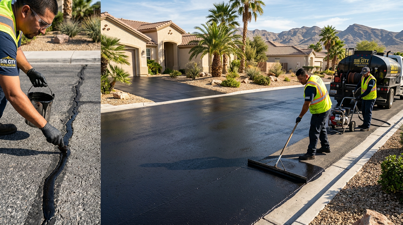 seal coating workers doing residential work on the street and filling cracks 