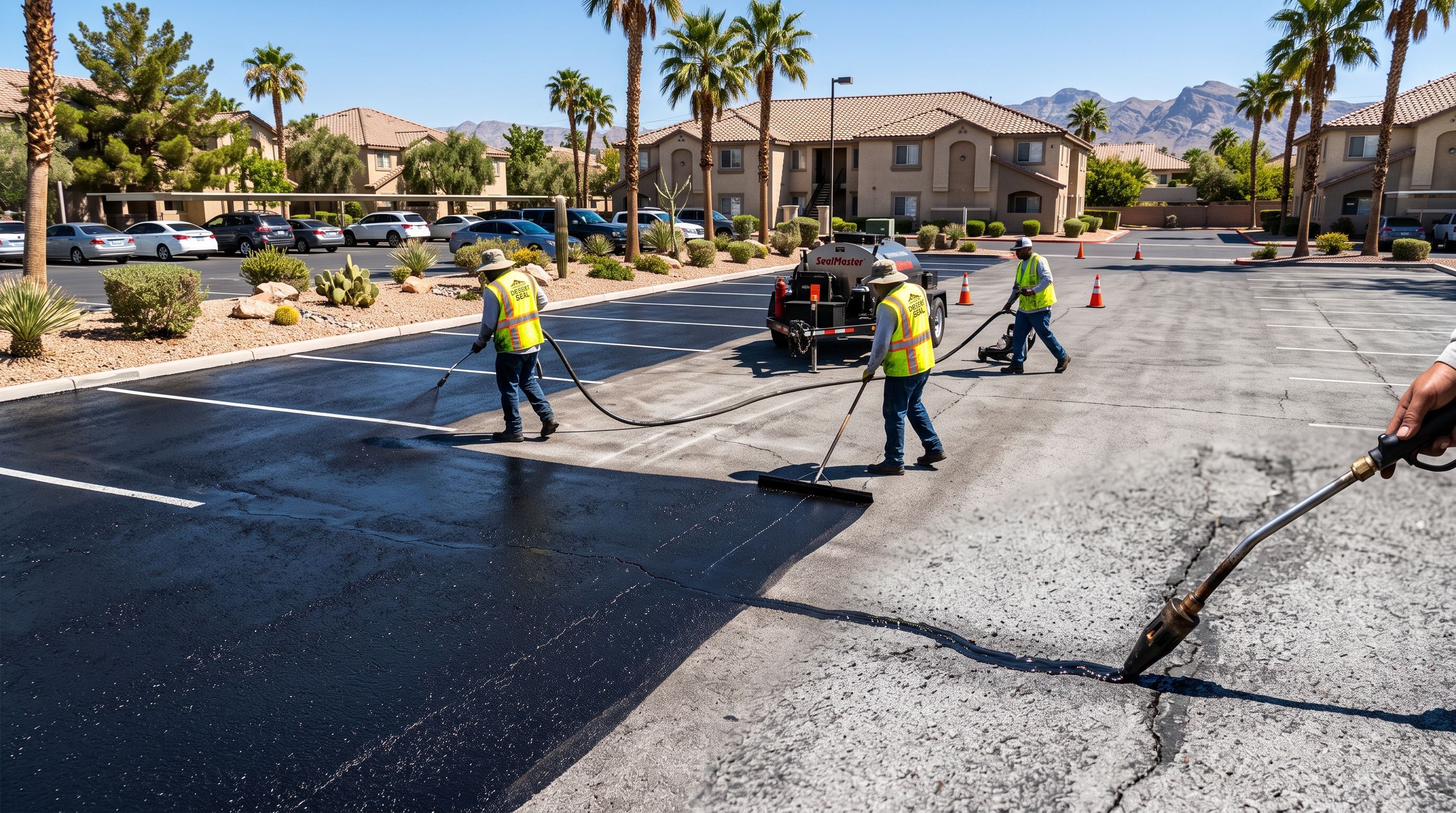 sealcoat contractors sealing up a HOA parking lot to prepare the parking lot for next season