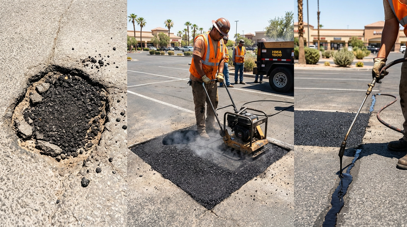 pothole filling and crack repair on a las vegas parking lot