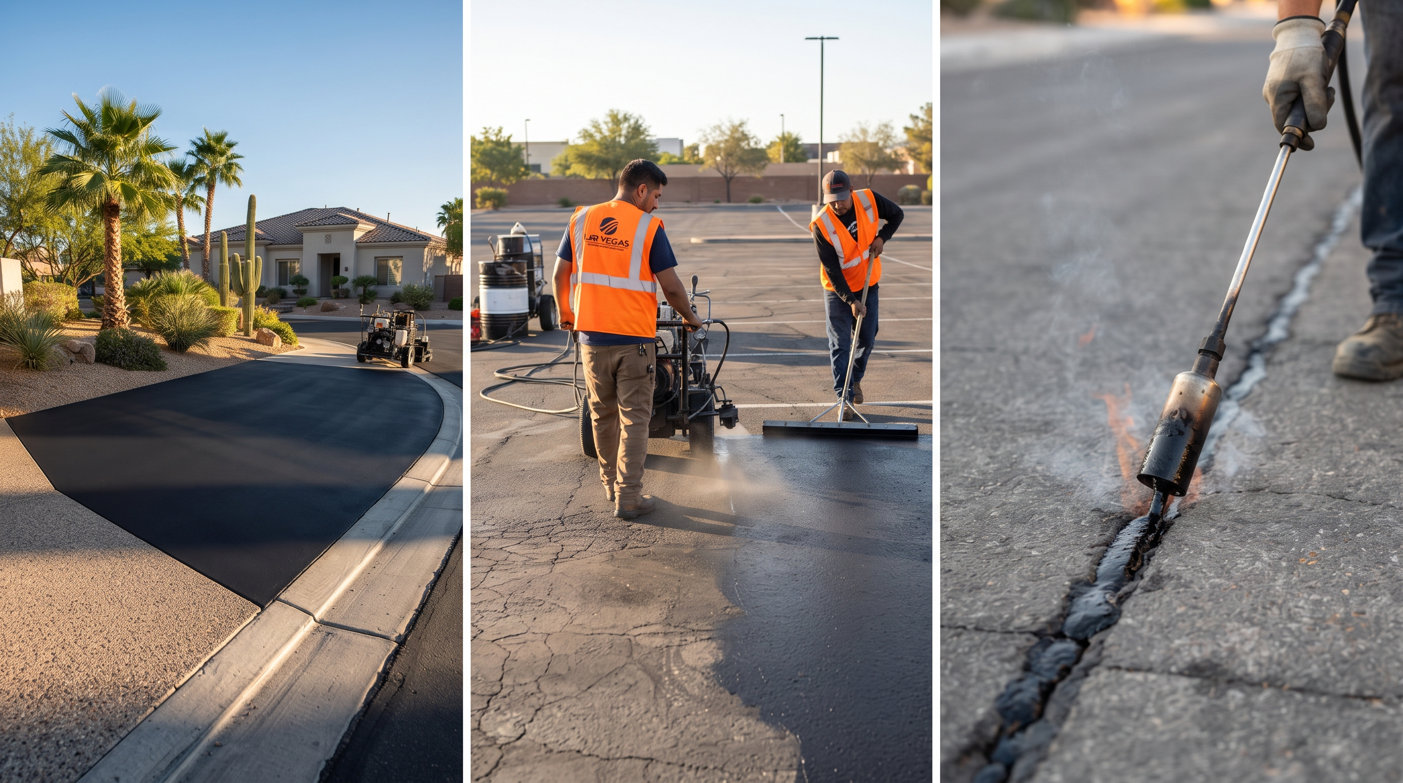 dynamic image of our sealcoating professionals fixing the asphalt on parking lots and neighborhoods