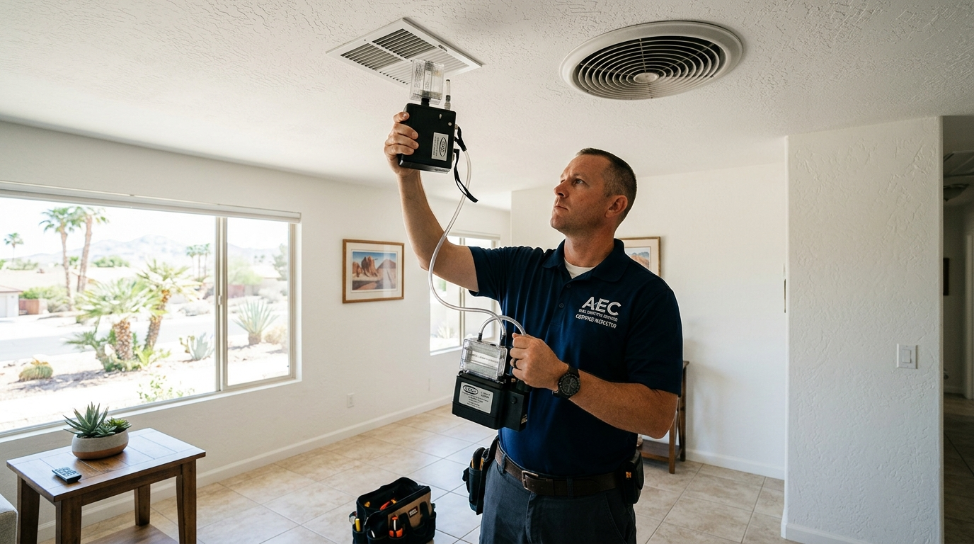 our technician taking mold and humidity samples from the air vent on the ceiling of a home