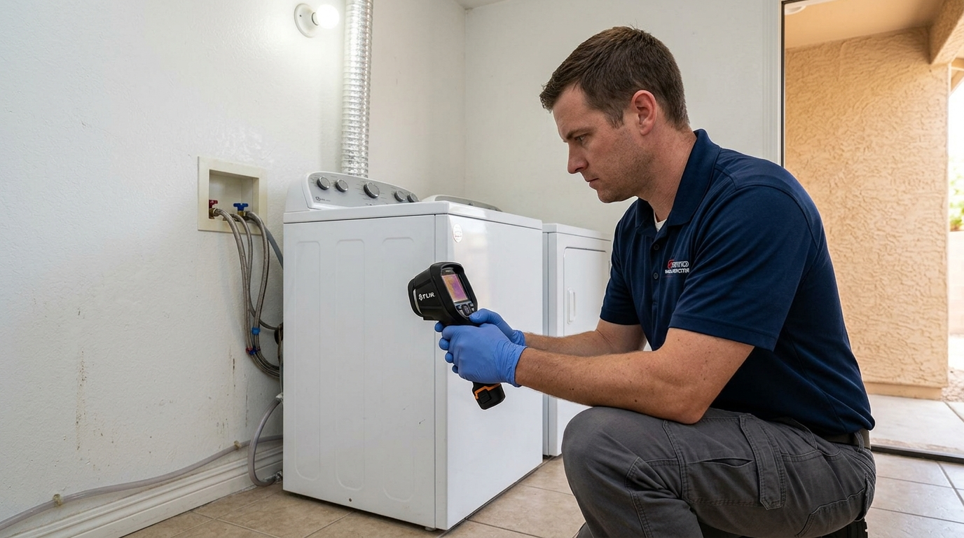 mold inspector checking for moisture behind washer and dryer with FLIR device