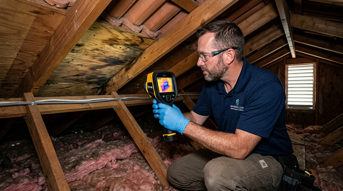 mold technician checking attic for moisture with FLIR device