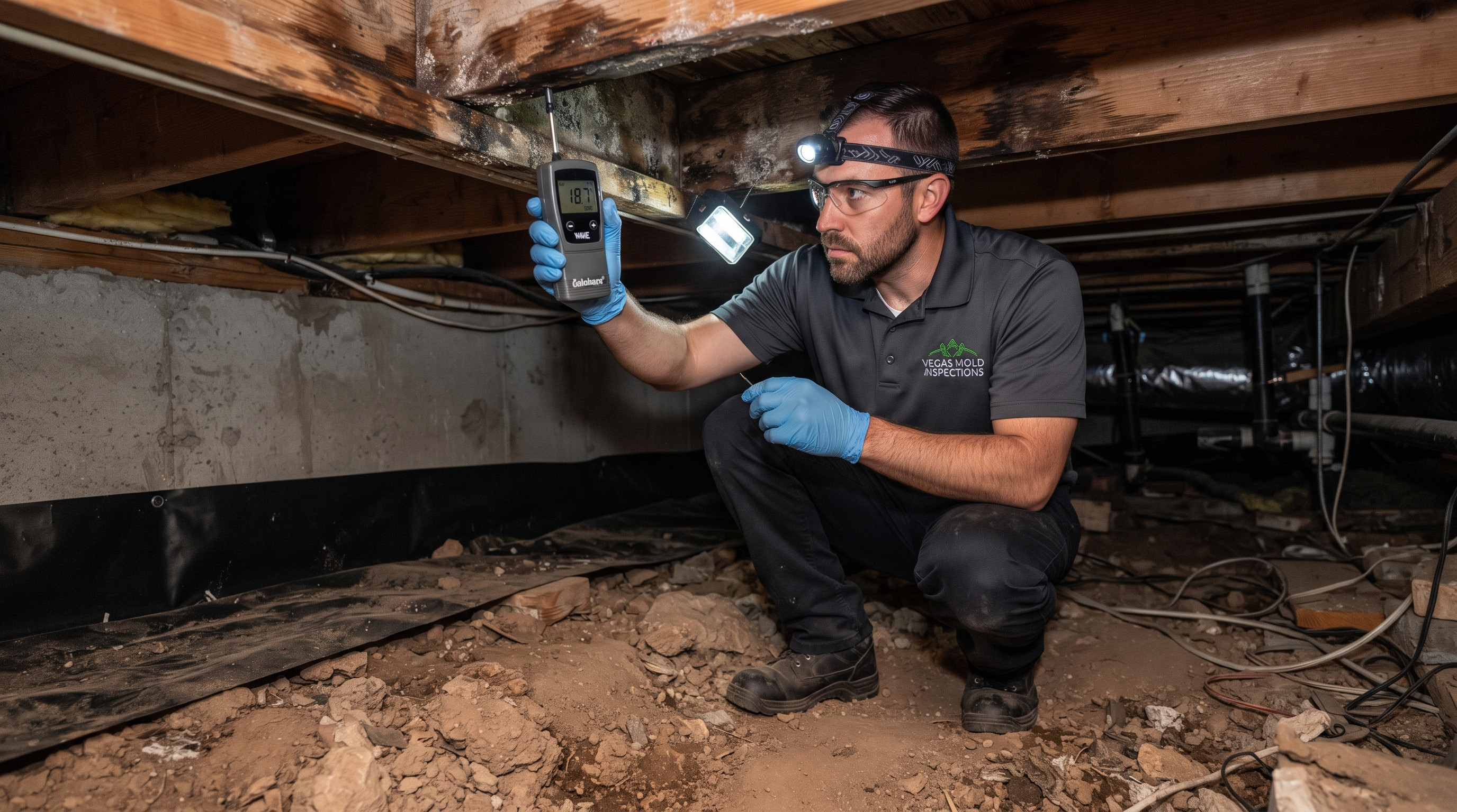 mold testing specialist inspecting water intrusion and mold in crawl space 