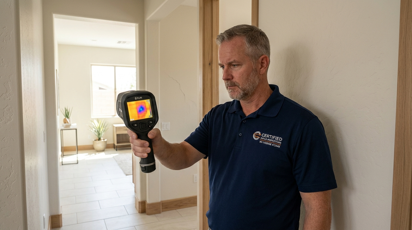 FLIR showing a captured image of moisture behind wall while our mold remediation specialist continue